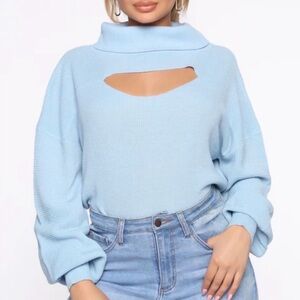 Fashion Nova (M) cut it out turtle cowl neck bubble sleeve blue sweater